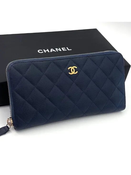 Chanel Quilted Caviar Leather Round Fastener Wallet Navy