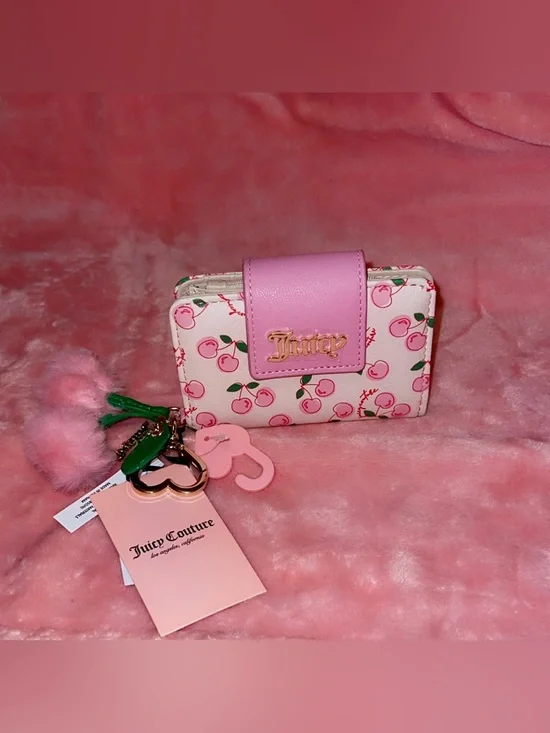 Juicy Couture Pink & Soft White Cherry Accent Mini Wallet with Cherry Pom Charm