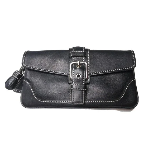 Coach Black Leather Wristlet Clutch Purse Medium Size charm & tassel accent