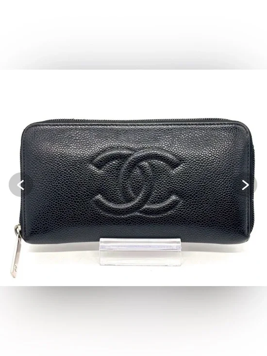 Authentic CHANEL Black Caviar Leather Zip-Around Wallet with Embossed CC