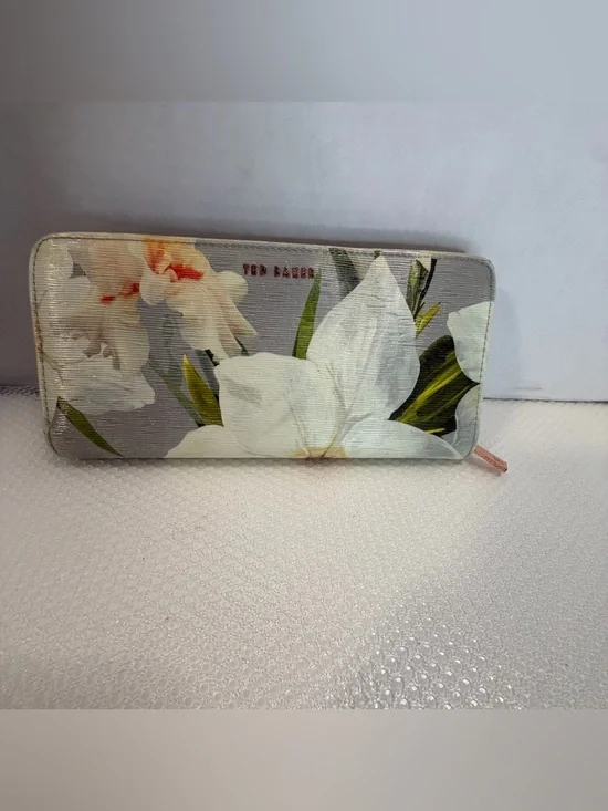 Ted Baker Gray Floral Zip-Around Wallet with White Blooms