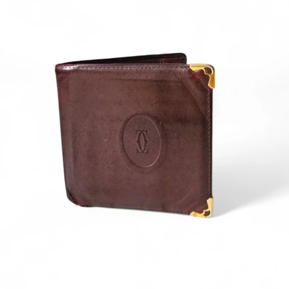 Cartier Vintage Must De Bi Fold Wallet with Coin Pouch in Burgundy Leather
