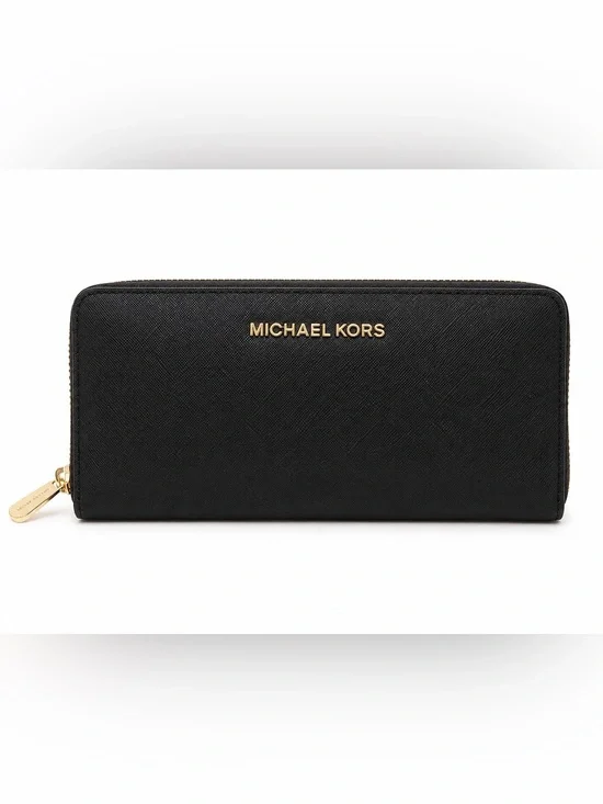 Michael Kors Black Saffiano Zip Around Wallet Gold Hardware 9x4