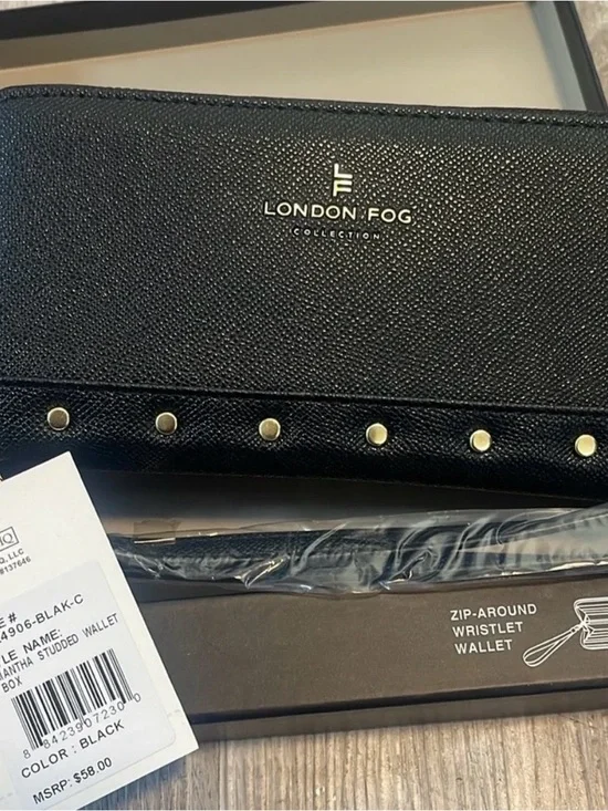London Fog Black Studded Zip-Around Wristlet Wallet