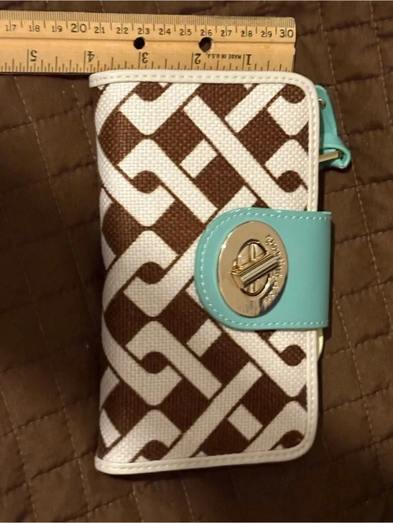 Spartina 449 Brown & White Pattern Wallet with Aqua Snap
