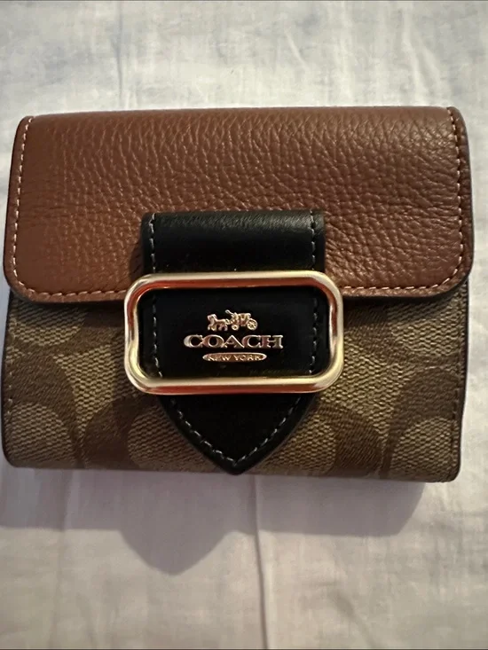 Coach Brown & Black Signature Compact Wallet with Gold Accent