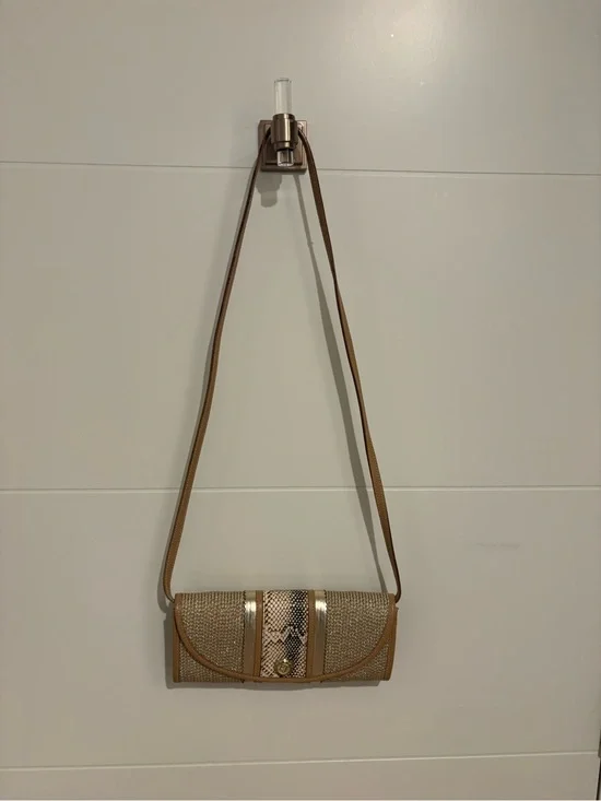 Eric Javits Tan Woven Crossbody with Snake-Print Accent and Gold Trim