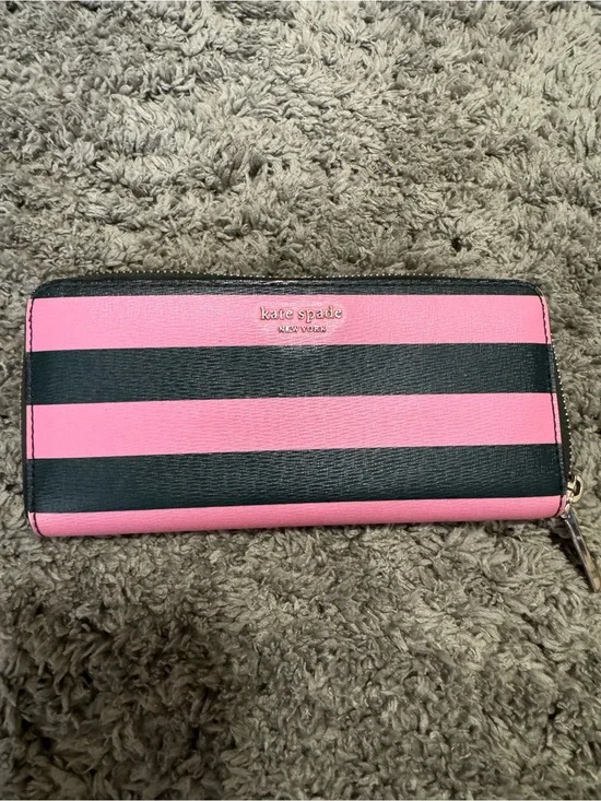 Kate Spade Pink & Black Striped Zip Around Continental Long Wallet