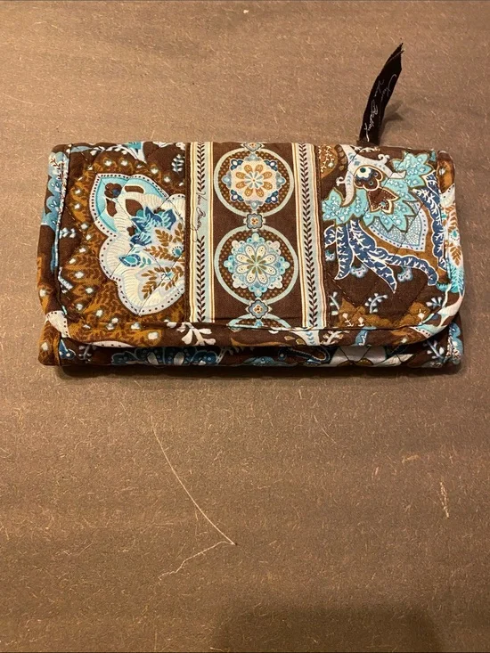 Vintage Vera Bradley Java Blue Trifold Wallet Quilted Cotton Brown Teal 7”x4”