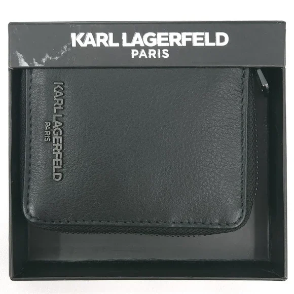 Karl Lagerfeld Paris Zip Around Black Leather Square Wallet Logo Womens Pocket
