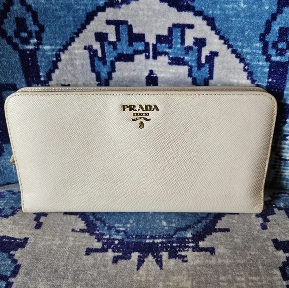 Prada Saffiano Double Snap Travel Wallet Long Classic Neutral Beige Pink