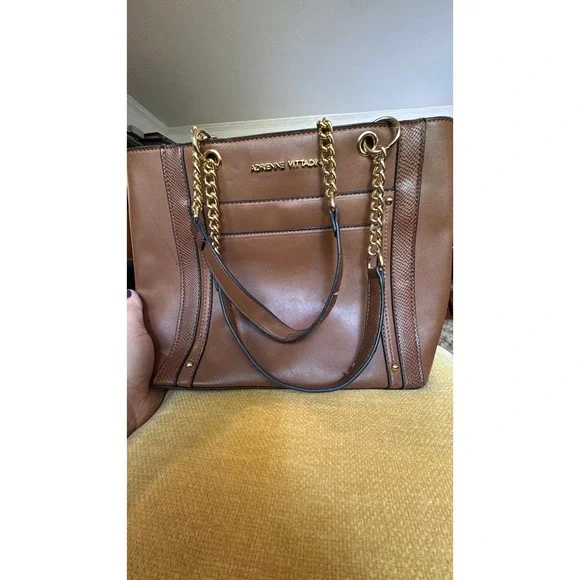 Adrienne Vittadini Cognac Brown Tote Bag Snakeskin Trim Gold Chain Shoulder Bag