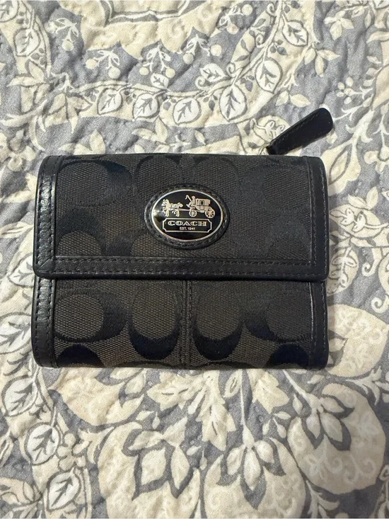 Coach Black Signature Canvas Compact Trifold Wallet
