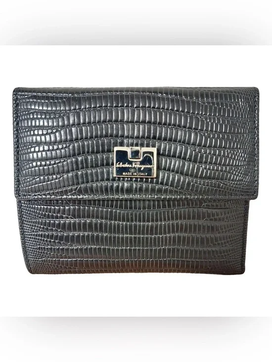 Salvatore Ferragamo Black Croc-Embossed Wallet
