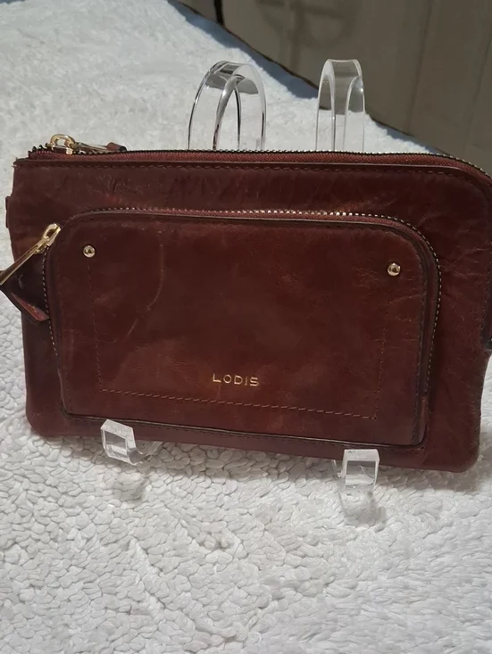 Lodis Leather Double Zip Pouch in Brown with Gold Hardware