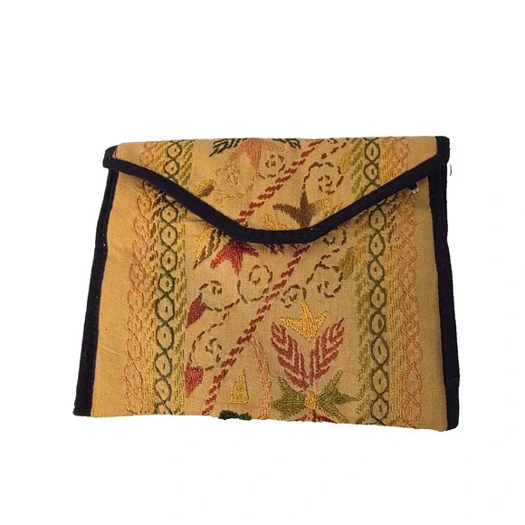 Vintage Embroidered Fabric Wallet Coin Purse Floral Foldover Snap Pouch Boho