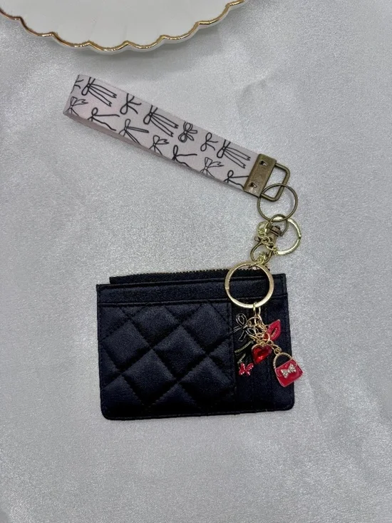 Black Quilted Card Holder Wallet Keychain Wristlet Charm Set