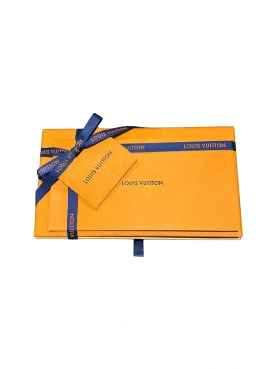 Louis Vuitton Orange Box with Navy Blue Ribbon, Tag, & Paper