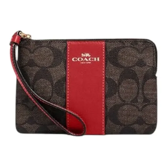 Coach‎ Corner Zip Wristlet Gold/Brown 1941 Red Signature Canvas Wallet ~ NEW