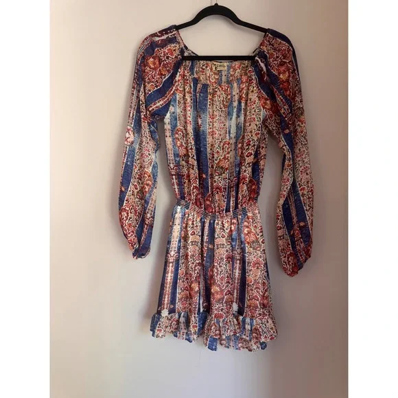 Show Me Your Mumu Womens Paisley Floral Smocked Mini Dress Blue Red Small USA