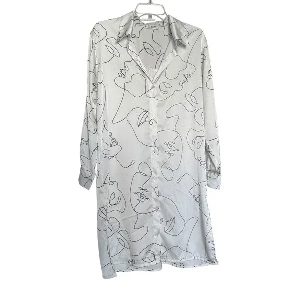 Contemporary Womens Faces Long Shirt Dress Duster Sz M White ‎ Abstract Art Deco
