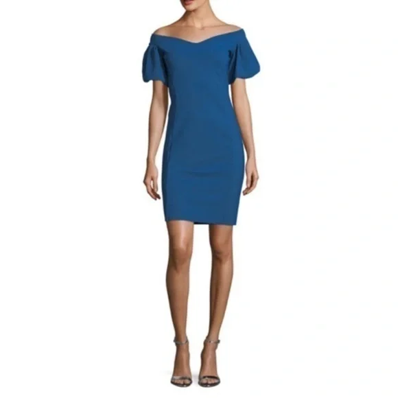 Chiara Boni Dress Guendalina Knee Length Bodycon Puff Sleeve in Blue
