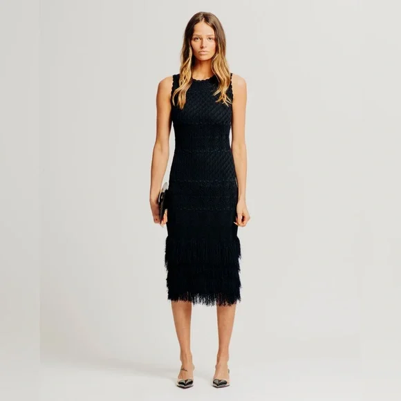 Torn By Ronny Kobo Ryan Black Crochet Knit Fringe Midi Dress Small