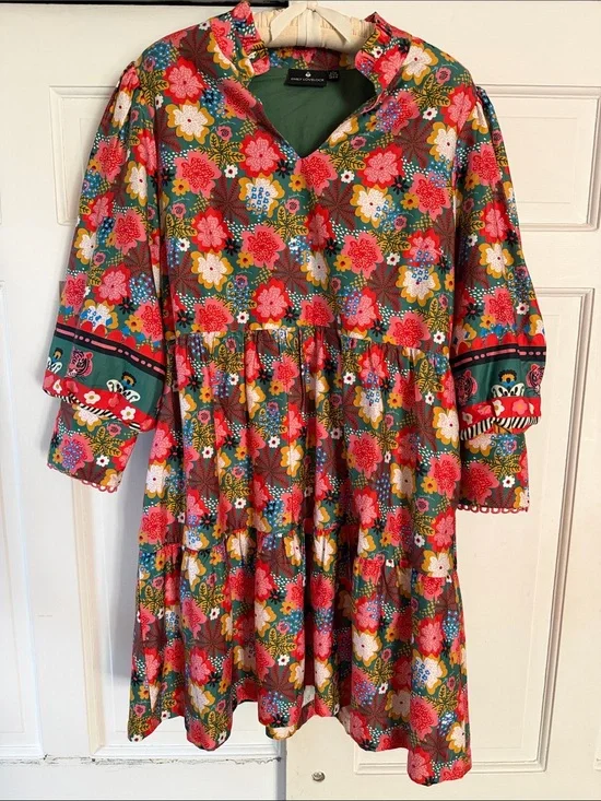 Emily Lovelock Jenny Bohemian Floral Tiered Long Sleeve Dress - Pink Multi