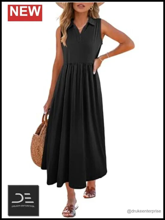 Casual Summer Maxi Dress Sleeveless V Neck A-Line Flowy Beach Vacation