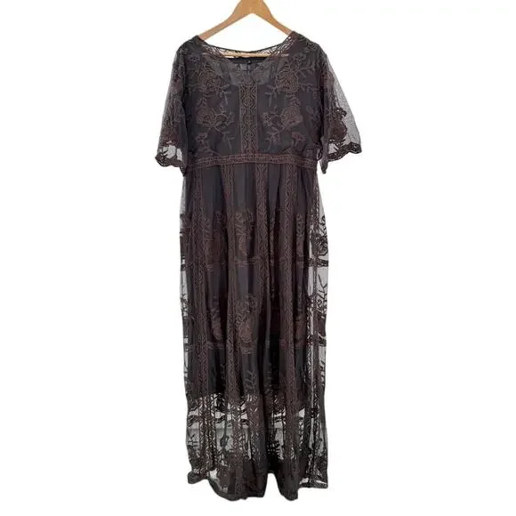 Lace Overlay Whimsigoth Maxi Short Sleeve M Dress Renaissance Moody Dark Fairy