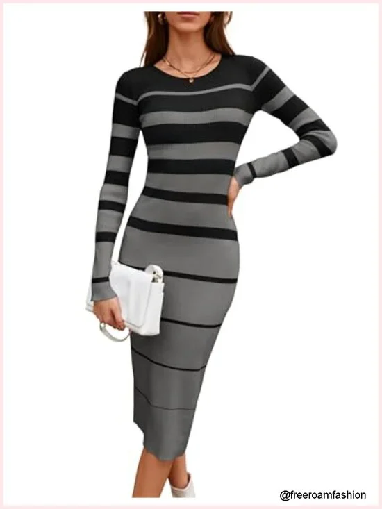 Long Sleeve Ribbed Sweater Dress Crew Neck Stripes Bodycon Midi Knit Stretch