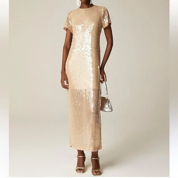 J. Crew Sequin short-sleeve slip dress in gold cream size 16