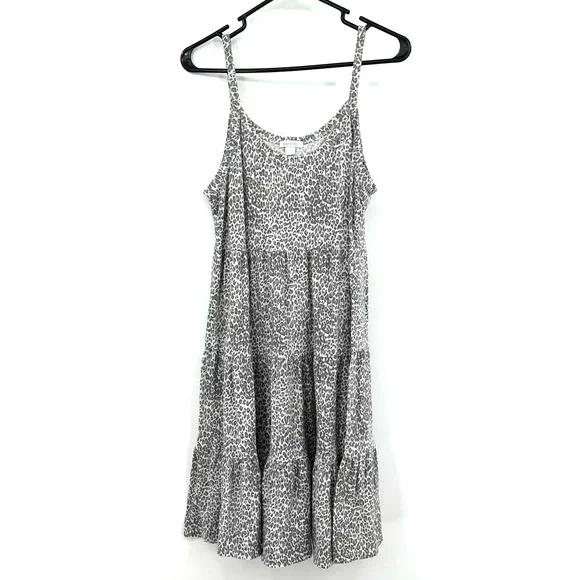 Garnet Hill size small sleeveless tiered dress white gray leopard print‎ cotton
