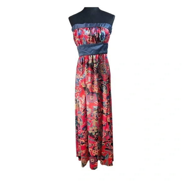 Vintage Forever 21 Blue Red Floral Strapless Maxi Satin Dress Size L Y2K Boho