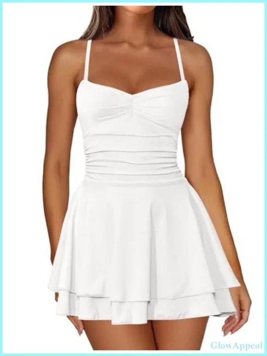 Spaghetti Strap Mini Dress Ruched Corset Tiered Ruffle Hem Backless A Line