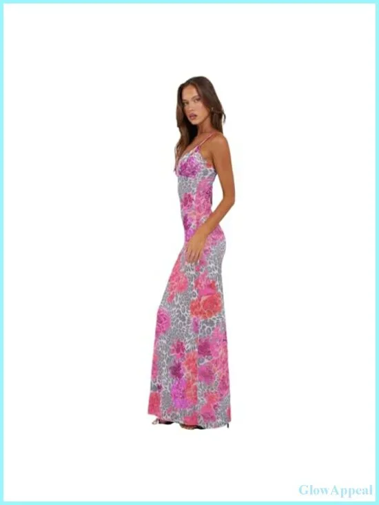 VANCOL Women Satin Dress Backless Hollow Casual Boho Flowy Maxi Halter Neck