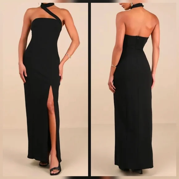 Lulus S Seraphina Black Asymmetrical Column Maxi Dress, Size S