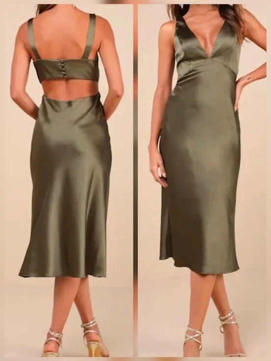 Lulus Unmatched Elegance Olive Satin Sleeveless Open-Back Midi Dress - Medium