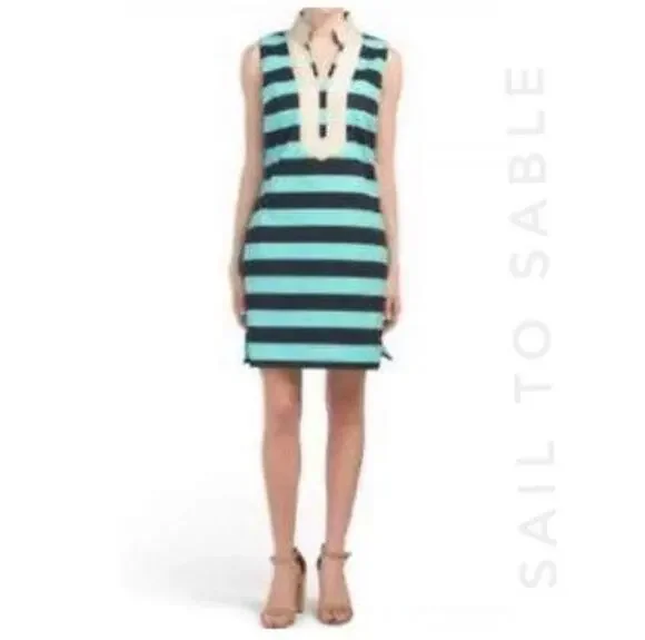 Sail To Sble Striped High Bishop Neck Dress Size S Small Teal Gold