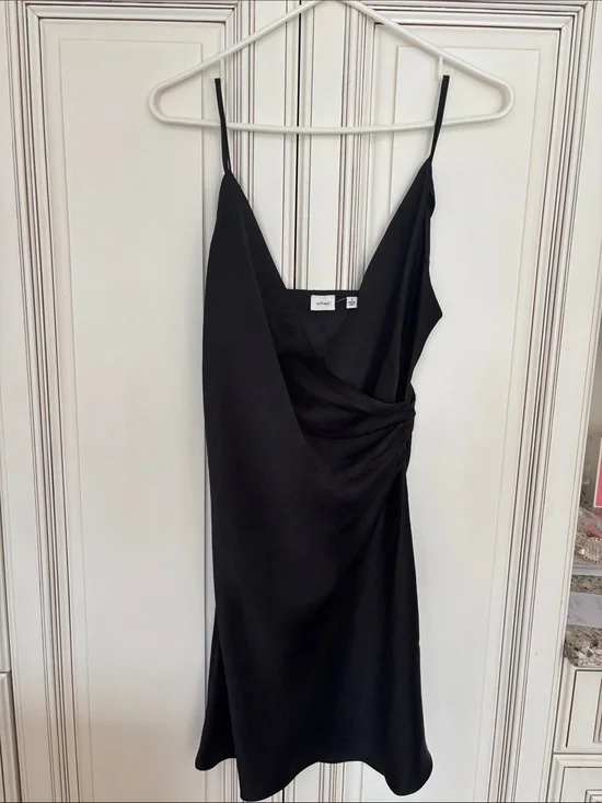 Wilfred Black Satin Slip Dress with Draped Side Detail and adjustable straps