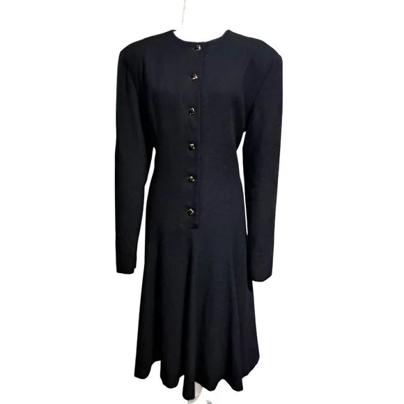 Vintage Anne Klein Wool Dress Womens Size 14 Glass Rivoli Buttons‎ Fit and Flare