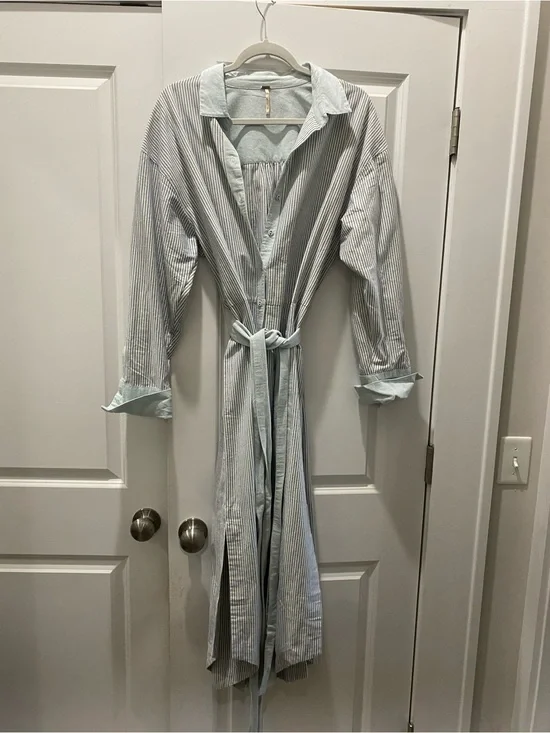 Free People Light Blue and White Striped Button-Up. NWT