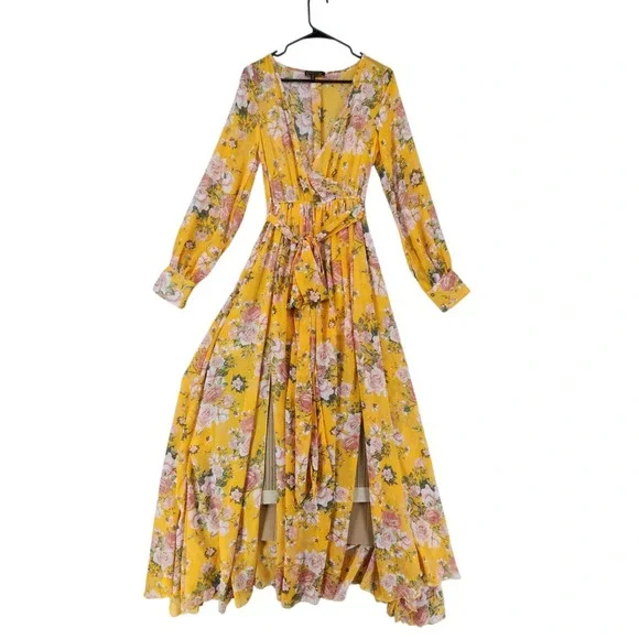 Petal Roz Maxi Dress M Fairy Whimsical Yellow Floral Faux Wrap Long Sleeve‎ Boho