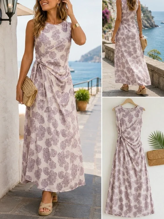 Saiph Floral Sleeveless Satin Tie Waist Maxi Dress Sz Small🧡🍄