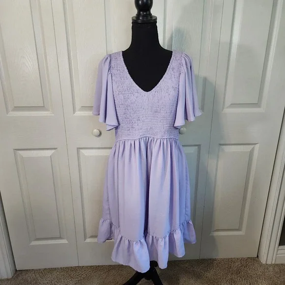 LILLUSORY Lavender Smocked Flutter Sleeve Ruffle Hem Dress XL V-Neck Pastel Boho