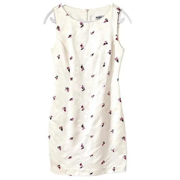 BCBG Ivory White Sheath Midi Dress Red & Pink Flower Embroidery Sleeveless Sz 4