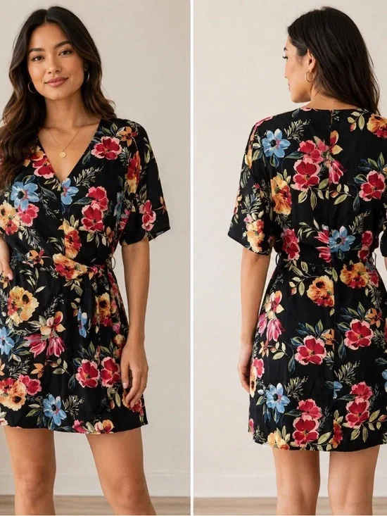 NWT Bershka Tropical Floral Faux Wrap Mini Dress Size Small