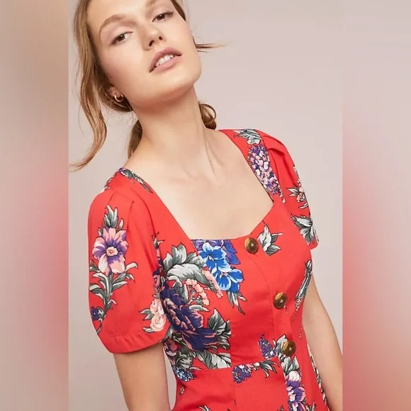 Anthropologie Maeve Caldwell Buttondown Dress Floral Red Boho Size 0 XXS XS