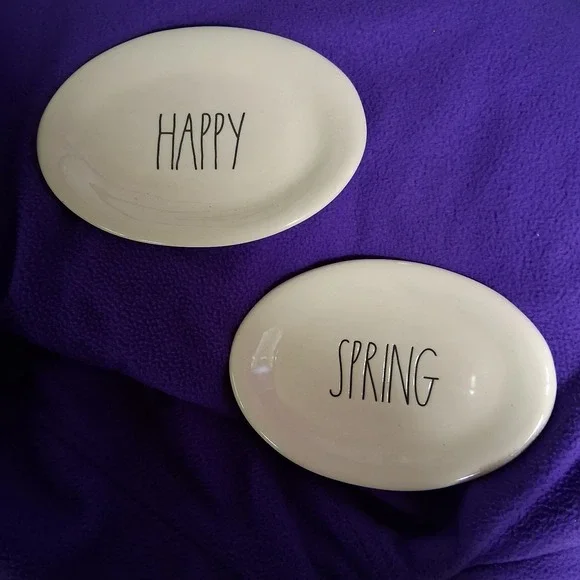 New Rae Dunn Happy Spring Oval Snack Plates Lot of 2‎ Artisan Collection