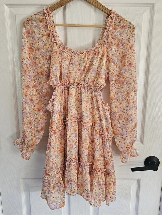 Jessica Simpson Floral Ruffle Side Cutout Mini Dress Small S Long Sleeve EUC